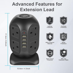 Tower Extension Lead with USB, 8 Way Outlets Vertical Power Strip Surge Protection with 4 USB Ports(3.1A/5V), Multi-sockets Plugs, 4M Long Extension Cord, Black