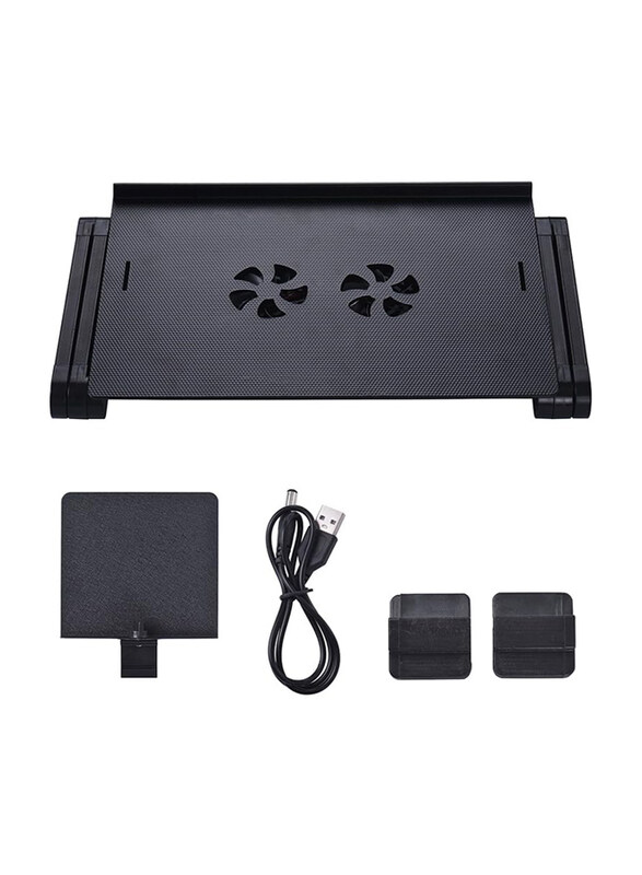 360 Degree Adjustable Foldable Vented Laptop Table Stand with Mouse Pad and Cooling Fans, Black