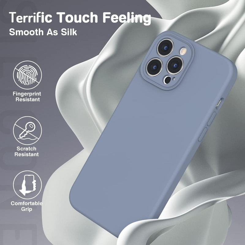 Apple iPhone 13 Pro 6.1-inch 2021 Silicone Slim Thin Durable Liquid Gel Rubber Mobile Phone Case Cover with Integrated Camera Lens Protector, Lavender Grey