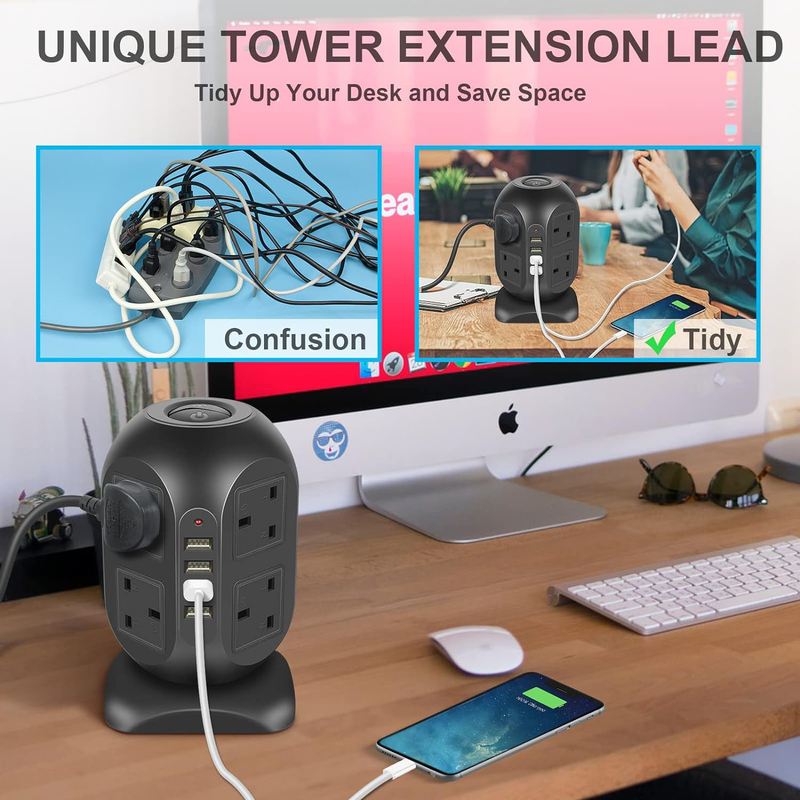 Tower Extension Lead with USB, 8 Way Outlets Vertical Power Strip Surge Protection with 4 USB Ports(3.1A/5V), Multi-sockets Plugs, 4M Long Extension Cord, Black