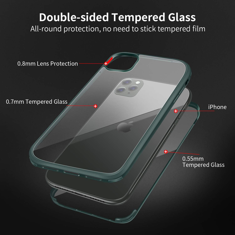 Apple iPhone 11 Pro Max Full Body Design Flip Mobile Phone Case Cover with Front and Back Full Screen Coverage Tempered Glass and Support Wireless Charging, Green