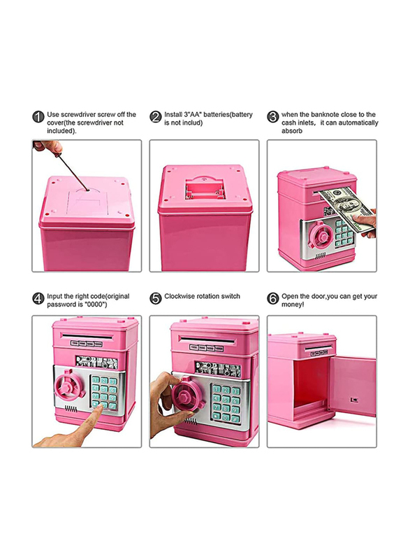 Electronic ATM Password Cash Coin Can Auto Scroll Paper Money Saving Box Toy Gift for Kids, Pink