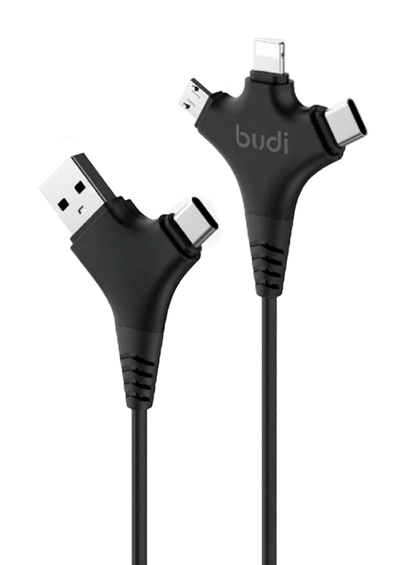 Budi 1-Meter 6-in-1 Charge/Sync 2.4A Cable, USB Type A & USB Type-C to USB Type-C, Lightning, Micro USB for Smartphones/Tablets, Black