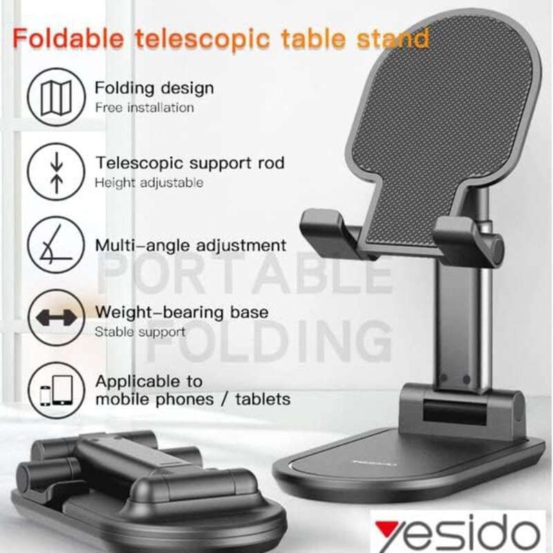 Yesido Universal Premium Quality Adjustable Mini Foldable Desktop Holder Aluminium Alloy Mobile and Tablet Stand, C85, Black