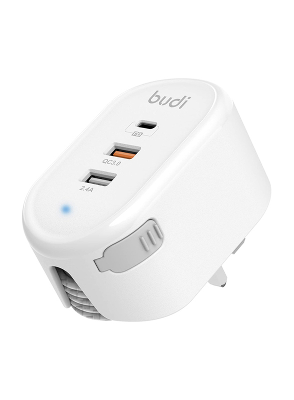 Budi Home Charger with USB-C, Lightning Cable & Micro Adapter, White