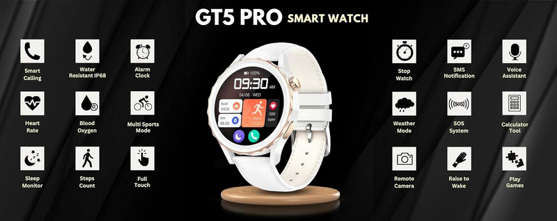 G-tab GT5 Pro 1.32 Inch Smartwatch for Women, White/Silver