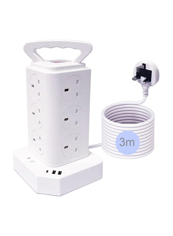 

Generic Golopatop 15 in 1 Tower Extension Lead 3m Cable with USB Slots and Overload Protection, White