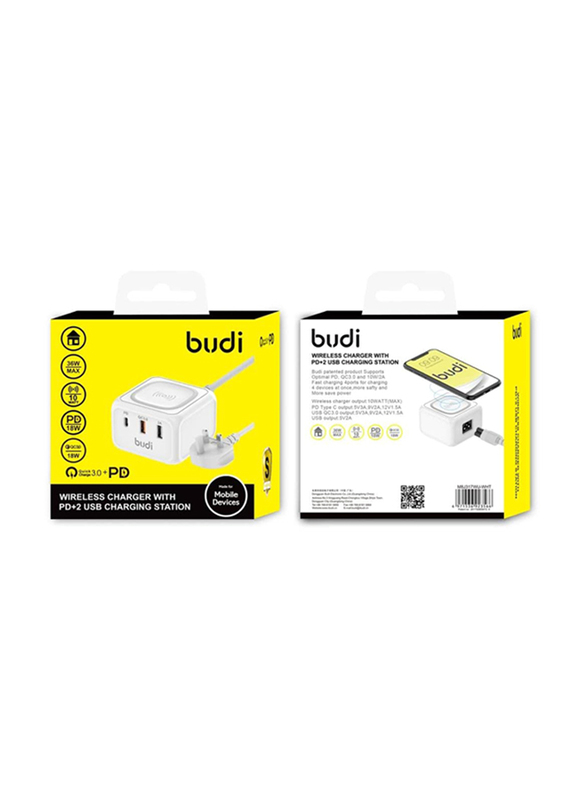 Budi wireless charger with PD+2USB Charging Station, White