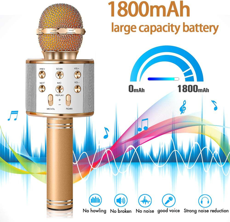 XIANRUI Portable Handheld Wireless Bluetooth Karaoke Microphone Machine for Kids Adults Home KTV Party for Android/iPhone/Ipad/Pc Girl Boy, Gold