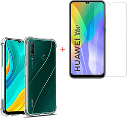 Huawei Y6p Anti-Scratch Shockproof Dropped Protected Acrylic 1 Tempered Glass + TPU Soft Bumper Mobile Phone Case Cover, Super Clear