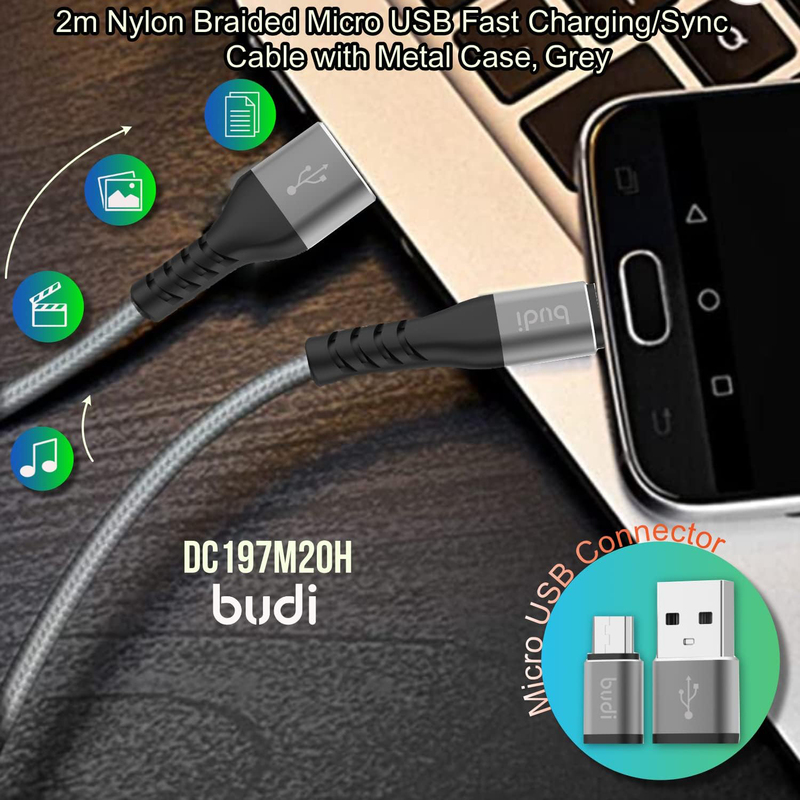 Budi 2-Meter Micro-USB Charge/Sync Braided Cable, USB Type A to Micro USB for Smartphones/Tablets, Black/Grey