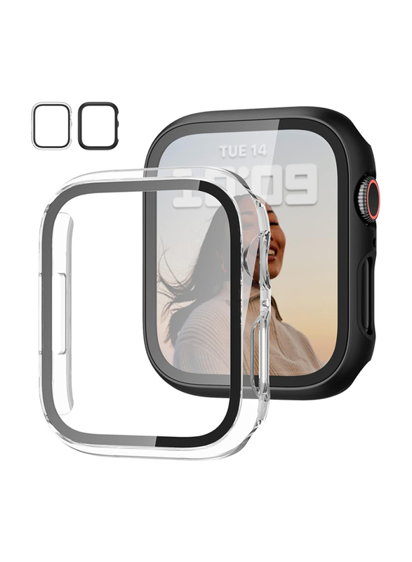 JZK Slim Bumper Full Coverage Hard PC HD Ultra-Thin Case with Tempered Glass Screen Protector for Apple Watch SE(2023) Series 6/5/4/SE & iWatch 40mm, 2 Pieces, Black/Clear