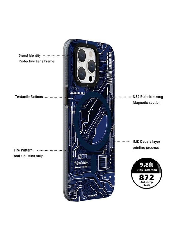 Young Kit Apple iPhone 15 Pro Max 2023 Technology Circuit Magsafe Designed Full Protection Soft Bumper Mobile Phone Case Cover, Navy Blue