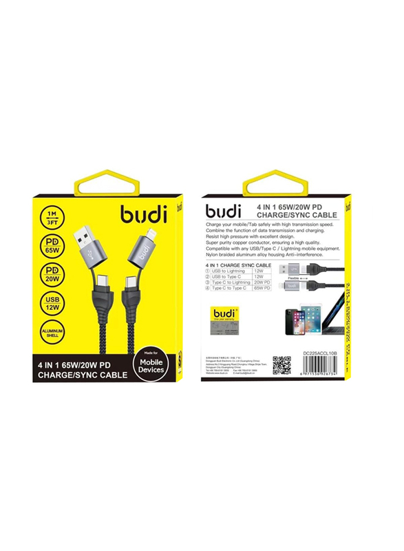 Budi 1-Meter 4-in-1 Charge/Sync Cable, USB Type A & USB Type-C to USB Type-C & Lightning for Smartphones/Tablets, Black