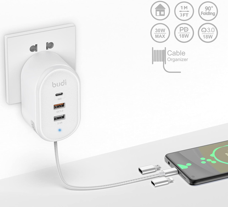 Budi Home Charger with USB-C, Lightning Cable & Micro Adapter, White