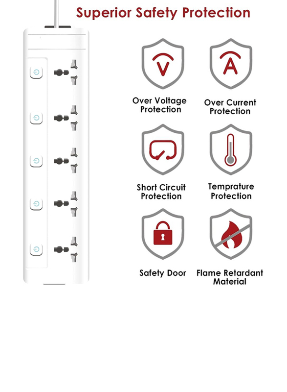 Arify 5 Way Power Extension Cord 5 Outlets UK/UAE Plug Electrical Strip, 3 Meters, 250V, 2500W, White