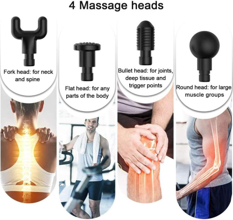 Electric Hand-Held Deep Muscle Massage Gun with 4 Massager Heads, Black