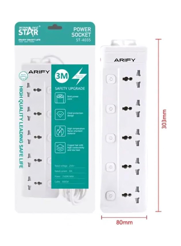 Arify 5 Way Power Extension Cord 5 Outlets UK/UAE Plug Electrical Strip, 3 Meters, 250V, 2500W, White