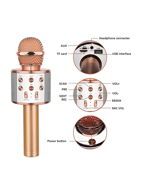 Portable Wireless Bluetooth Karaoke Microphone 4 in 1 Bluetooth Karaoke Microphone with LED Lights, Rose Gold