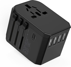 Wontravel Universal Travel Adapter with 4 Ultra-Fast USB Port and 1 Ultra-Fast USB Type C Port and Power Socket Worldwide Plugs UK EU US AU Auto Switch, Black