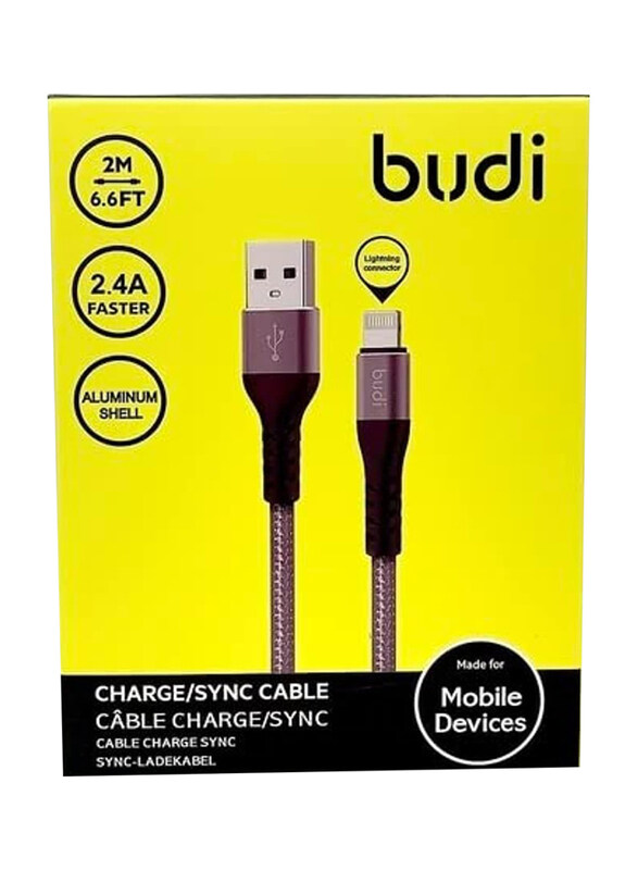 

Budi Nylon Braided 5V/2.4A Lightning Fast Charging Cable, USB Type A to Lightning for Smartphones/Tablets, Grey