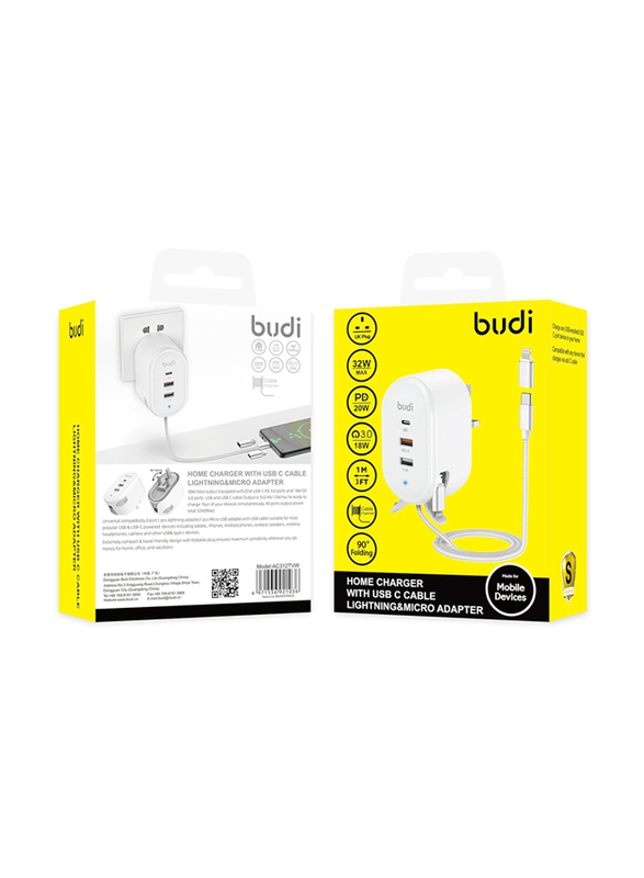 Budi Home Charger with USB-C, Lightning Cable & Micro Adapter, White