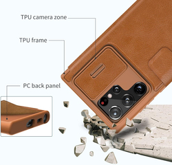 Nillkin Samsung Galaxy S22 Ultra 5G 6.8'' 2022 Wallet Mobile Phone Case Cover with Card Holder & Camera Cover, Brown