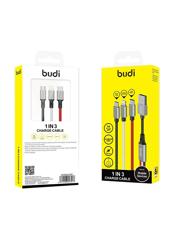 

Budi 1-Meter 3-in-1 Braided Charging Cable, USB Type A to USB Type-C, Lightning, Micro USB for Smartphones/Tablets, Multicolour