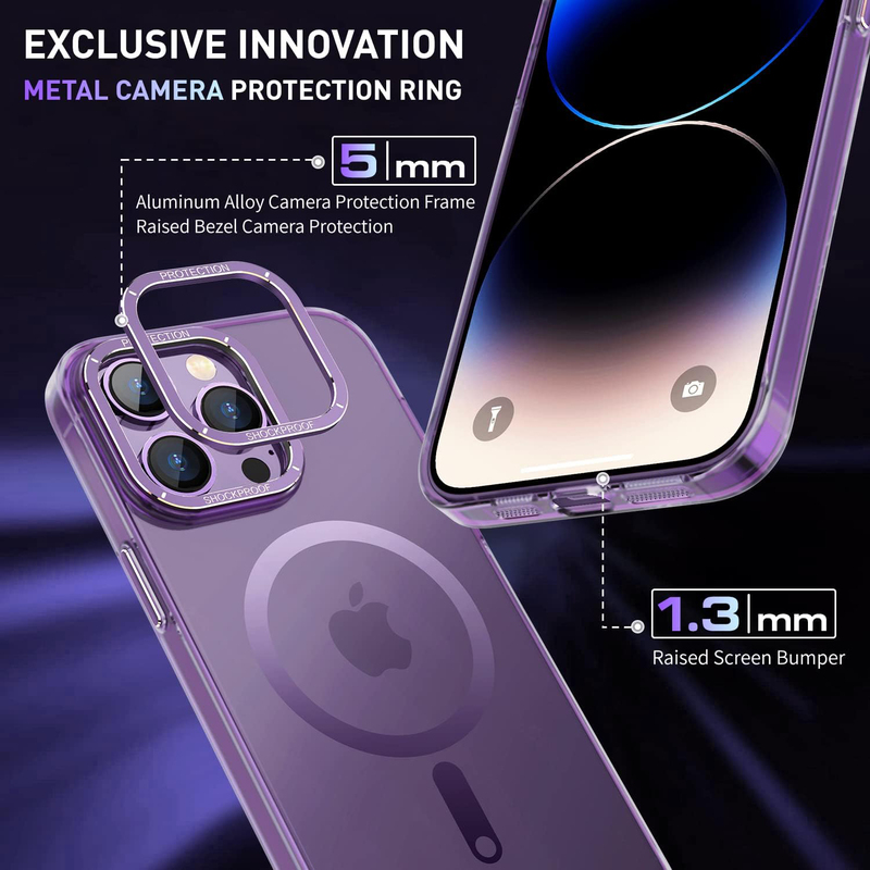 Kmambag Apple iPhone 14 Pro 6.1 Inch Advanced Metal Camera Protection Ring MagSafe Never Yellowing Skin-Friendly Hard PC Translucent Mobile Phone Back Case Cover, Purple Matte