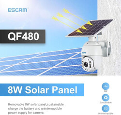 Escam Wyan Security Monitor QF480 EU Version HD 1080P Waterproof 4G Solar Panel PT IP Camera with Battery, Night Vision, Motion Detection, TF Card & 2-Way Audio, IP66, White