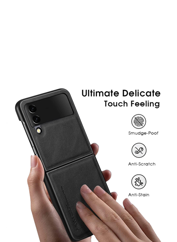 X-Level Samsung Galaxy Z Flip4 5G 2022 Ultra-Thin Slim Premium PU Leather Soft TPU Elegant Anti-Scratch Drop Protection Mobile Phone Case Cover with Wireless Charging, Black