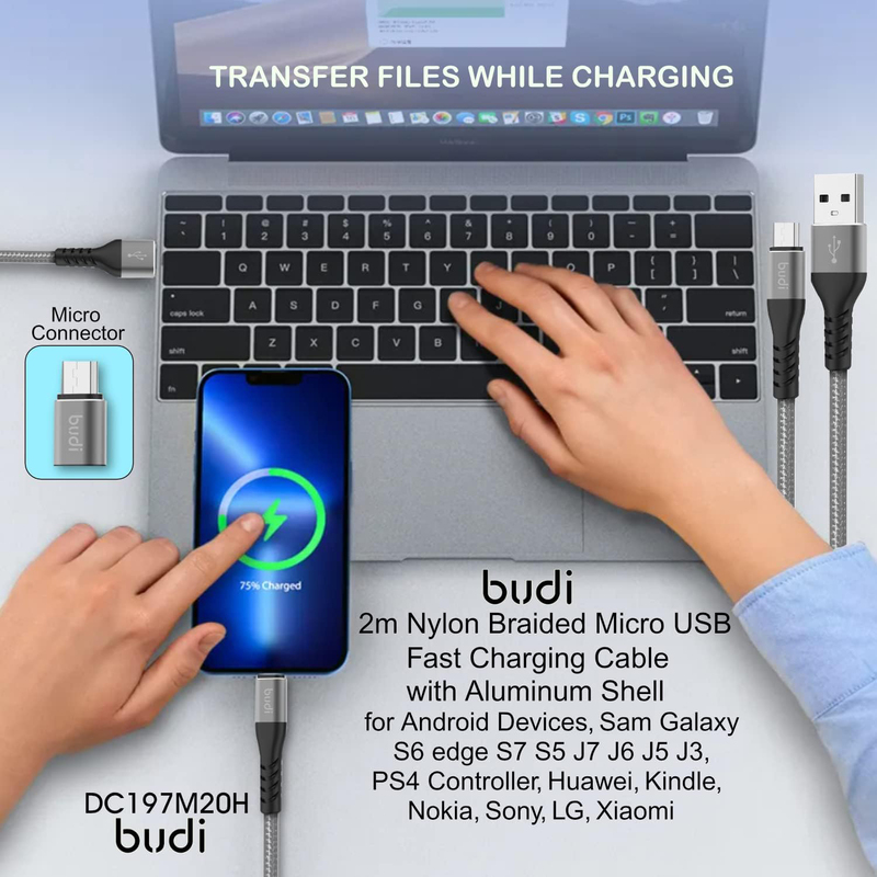 Budi 2-Meter Micro-USB Charge/Sync Braided Cable, USB Type A to Micro USB for Smartphones/Tablets, Black/Grey