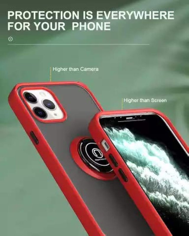 Apple iPhone 12/12 Pro Shockproof Matte Silicone Mobile Phone Case Cover with Ring Holder Kickstand & Fit Magnetic Car Mount, Red