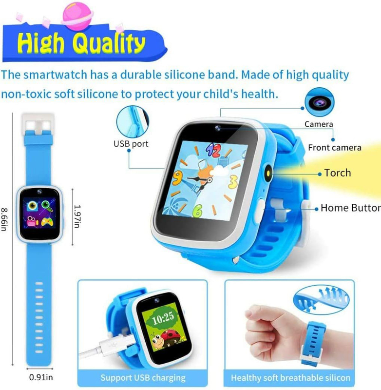 Kids Educational 1.54 Inch Smartwatch, GPS, Ages 5-10, Blue