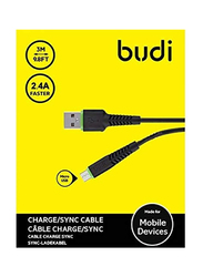 Budi 3-Meter Micro USB Charge/Sync Cable, USB Type A to Micro USB for Mobile Devices, Black