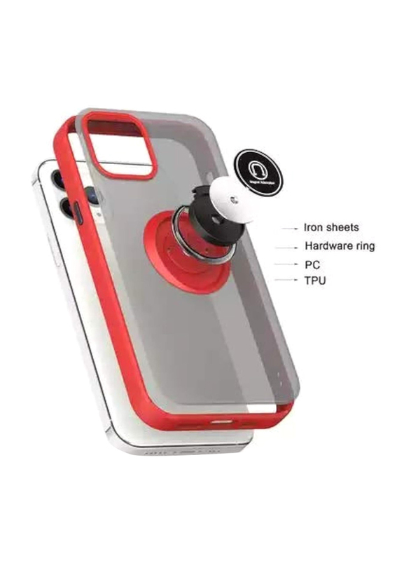 Apple iPhone 12/12 Pro Shockproof Matte Silicone Mobile Phone Case Cover with Ring Holder Kickstand & Fit Magnetic Car Mount, Red