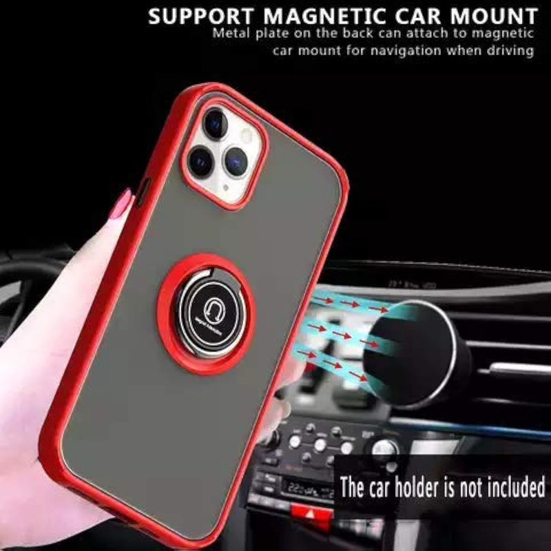 Apple iPhone 12/12 Pro Shockproof Matte Silicone Mobile Phone Case Cover with Ring Holder Kickstand & Fit Magnetic Car Mount, Red