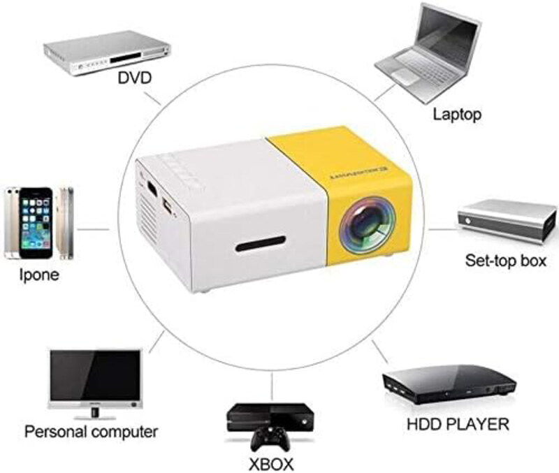 YG-300 LCD Mini Support 1080P Portable LED Projector, White/Yellow