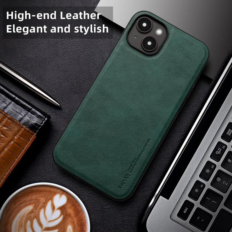 X-Level Apple iPhone 15 2023 Premium PU Leather Slim Protective Business Design Luxury Rugged Shockproof Anti-Scratch Non-Slip Phone Case Cover with Soft Edge, Green