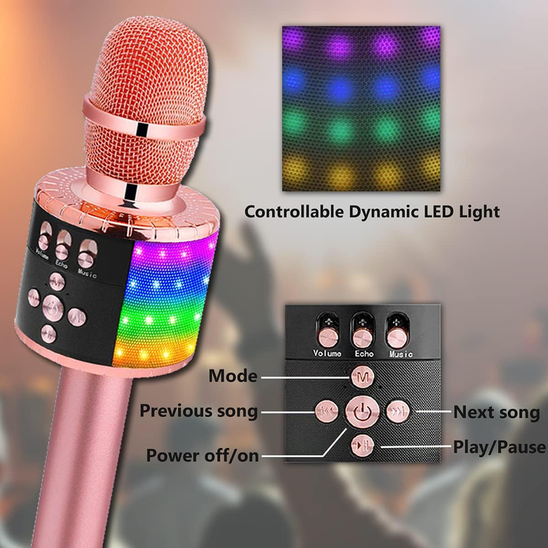 CYKL Wireless Karaoke Microphone with Portable Bag Bluetooth Speaker Handheld Reverberation Singing Recording Mic Speaker with LED Lights, Rose Gold