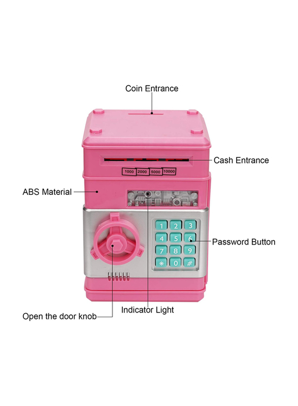 Adevena Mini ATM Password Electronic Money Bank Cash Coins Saving Box for Kids, Ages 6+, Pink