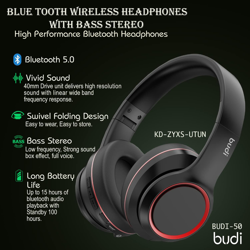 Budi Bluetooth On-Ear Wireless Headphone with Bass Stereo, Black