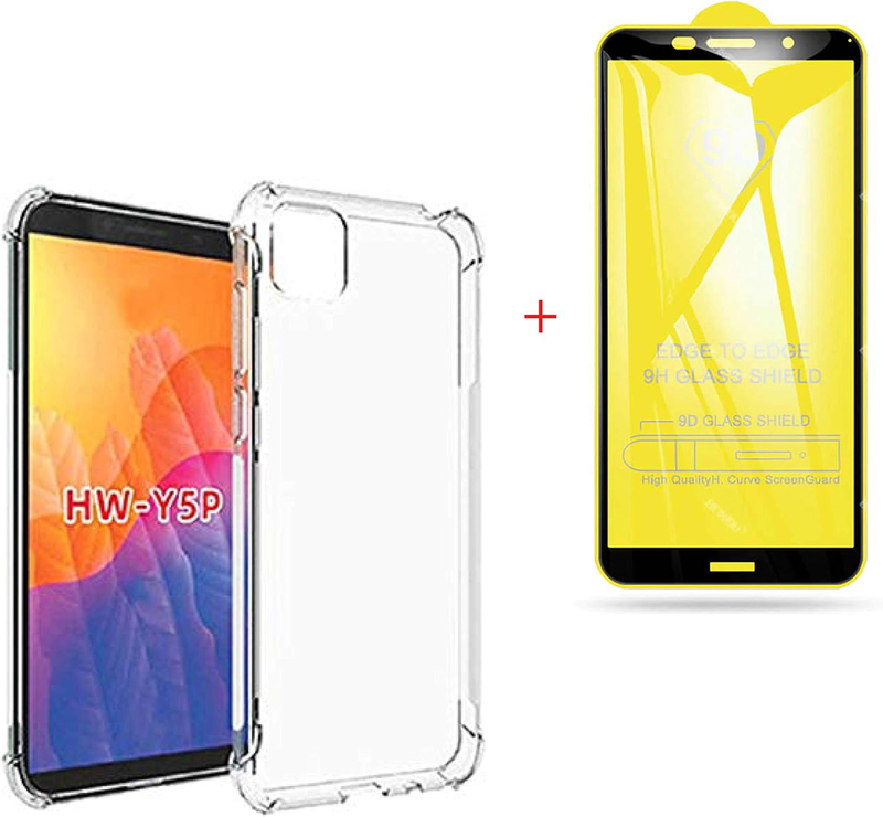 Huawei Y5P Ultra Thin Silicone Transparent TPU Airbag Anti-Shock Anti-Scratch Mobile Phone Case Cover with Tempered Glass Screen Protector, Clear