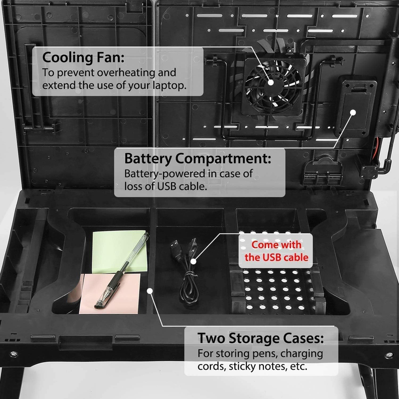 Laptop Desk with Fan and 4 Port USB Hub, Black