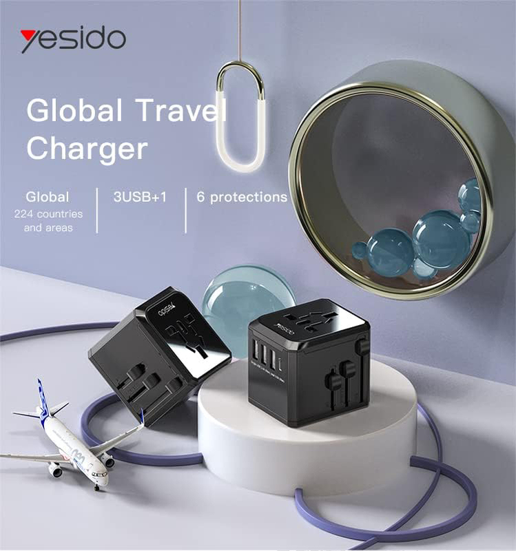 Yesido Universal Travel Adapter with 4 Ultra-Fast USB Port and 1 Type C Power Socket Worldwide Plugs UK EU US AU Auto Switch, Black