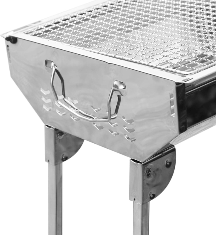 BBQ Charcoal Grill Portable Foldable Barbecue Grill Stainless Steel with Stand, Silver