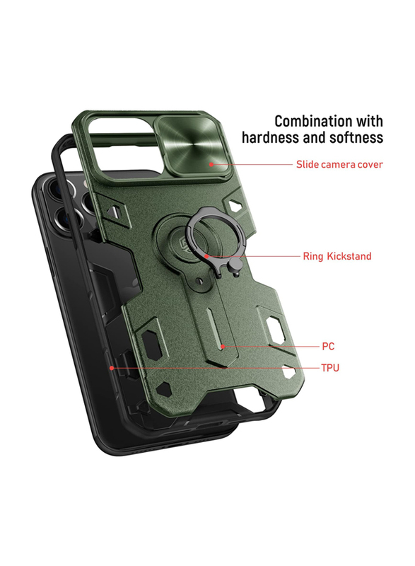 Nillkin Apple iPhone 13 Pro Max 6.7 Inch CamShield Armor Case with Slide Camera Cover and Ring Kickstand Case Cover, Green