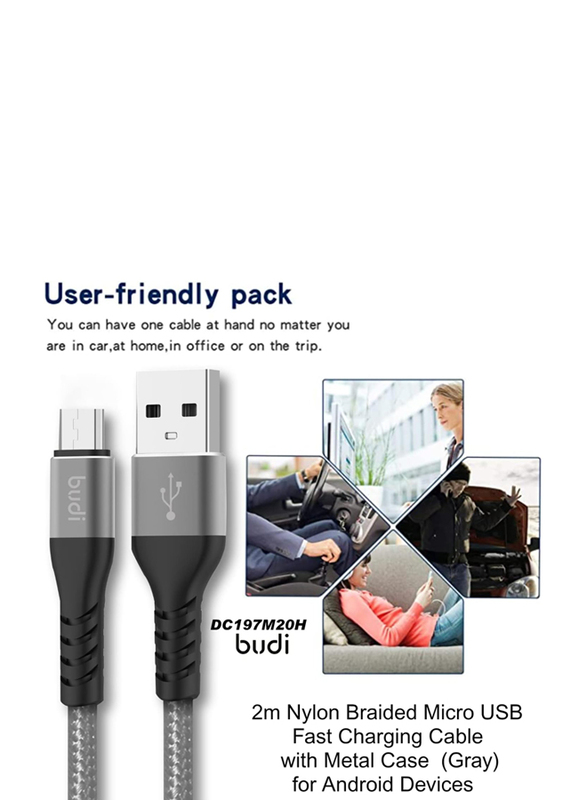 Budi 2-Meter Micro-USB Charge/Sync Braided Cable, USB Type A to Micro USB for Smartphones/Tablets, Black/Grey