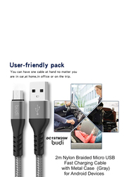 Budi 2-Meter Micro-USB Charge/Sync Braided Cable, USB Type A to Micro USB for Smartphones/Tablets, Black/Grey