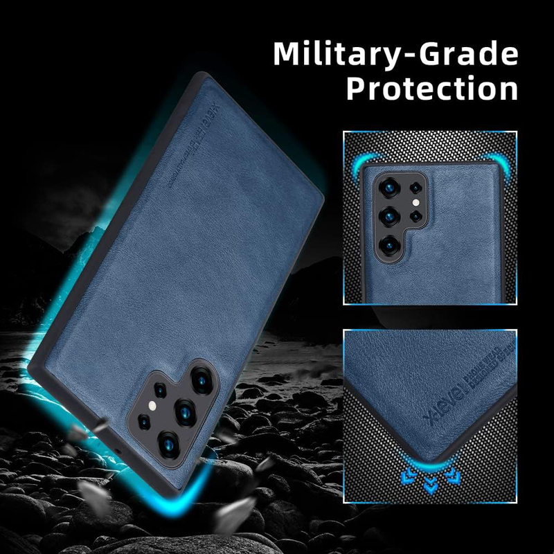 X-level Samsung Galaxy S22 Ultra 5G Anti-Scratch Premium PU Leather Soft TPU Bumper Shockproof Protective Mobile Phone Case Cover, Blue